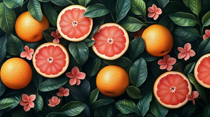 A close up of a slices of grapefruits with a leaf on top