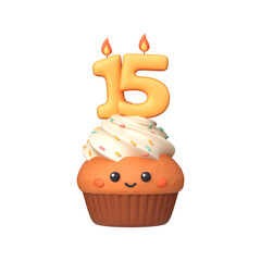 Cute 3D birthday cupcake with candle and number 15