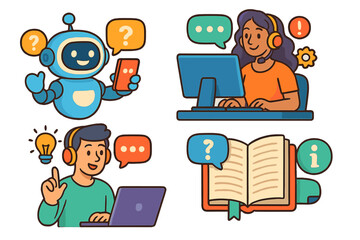 Interactive learning experiences featuring a chatbot, a customer service representative, and a student engaging with educational resources