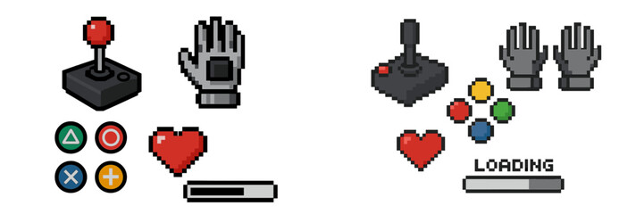 Retro gaming icons representing joystick, heart, hand controller, and loading screen for nostalgic gaming experience © Mark
