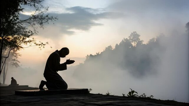 Man praying in solitude during early morning Pitru Paksha observance