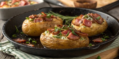 Baked potatoes with lard and herbs in a cast-iron skillet.