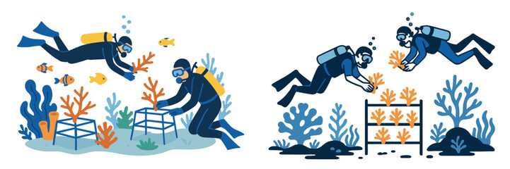 Divers engage in coral restoration efforts underwater at a vibrant reef habitat during a sunny day © Mark