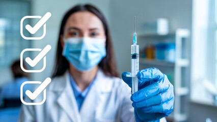 Healthcare professional wearing a mask and gloves holds a syringe with checkmarks indicating successful vaccination or treatment completion