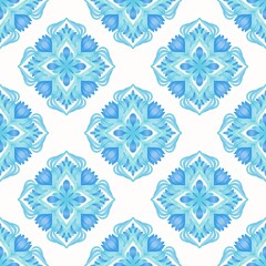 A refreshing and elegant aqua blue floral mandala design, beautifully rendered with soft watercolor textures, set against a clean white background. This symmetrical and intricate illustration features