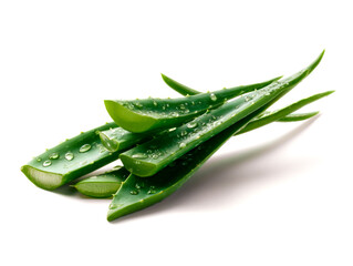 Fresh aloe vera leaves with water drops on white background