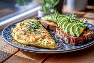 Delicious omelette and avocado toast garnished with fresh herbs for healthy breakfast