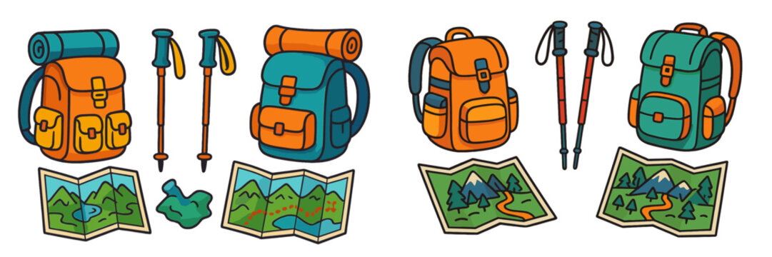 Hiking gear with backpacks, trekking poles, and maps illustrating outdoor adventure planning and preparation for exploration