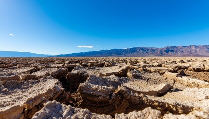 Cracked Earth Landscape in Death Valley National Park Under a Clear Blue Sky