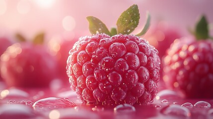 A close up of a red raspberries with green leaves