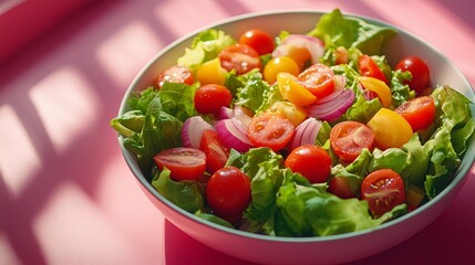A bowl of salad on a pink background