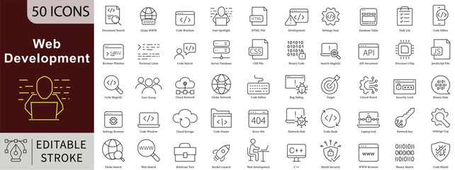 Web Development Line Icons Set with Editable Stroke for Coding, API Integration, and Mobile App Programming