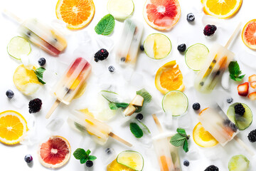 Colorful Fruit Popsicles with Fresh Fruits and Mint