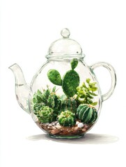 Whimsical watercolor cactus terrarium inside a teapot shaped container with desert greens on a white background