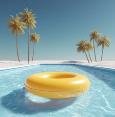 3D render of a yellow inflatable swim ring floating in a crystal clear tropical pool with palm trees under a sunny blue sky