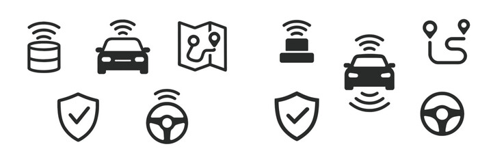 Illustrations of connected vehicle technology showcasing navigation and safety features in urban environments