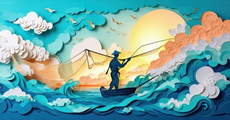 Papercraft scene depicts fisherman, boat, ocean waves, sun, clouds. Calm waters, serene atmosphere, beautiful colors present.