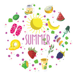 Bright Summer Illustration with Fruits, Drinks, and Sun Elements