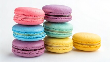 Fototapeta premium A colorful stack of macarons isolated on white background creates a delightful and tempting display of sweet treats