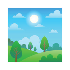 Obraz premium Cartoon illustration featuring a vibrant green landscape, showcasing rolling hills and lush trees basking under the warm summer sun, surrounded by fluffy clouds in a bright blue sky