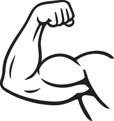 Bodybuilder muscle flex arm vector illustration. Strong macho biceps gym flexing hand line art vector