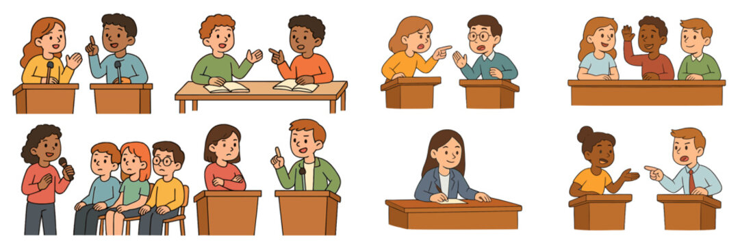 Students engaging in group discussions and debates in a classroom setting with various activities and interactions