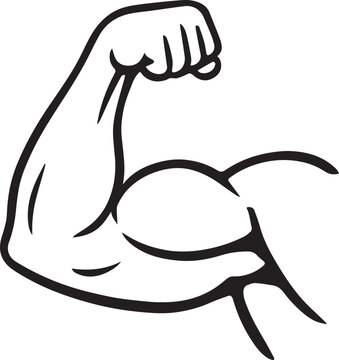 Bodybuilder muscle flex arm vector illustration. Strong macho biceps gym flexing hand line art vector