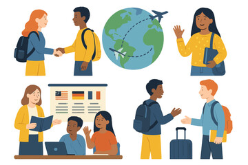 Students engaging in global exchange activities, building connections, and collaborating in a diverse learning environment