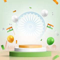 india independence day abstract square banner design with tricolor podium, flags, and balloons illustration, republic day india background