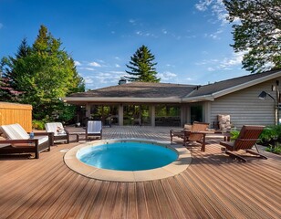 suburban farmhouse with an expansive backyard deck including a built in hot tub fire pit and comfortable lounge chairs for relaxation