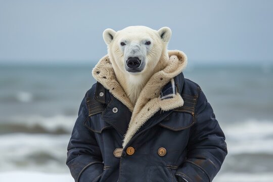 Polar bear wearing a winter coat, symbolizing the effects of climate change and global warming on arctic wildlife