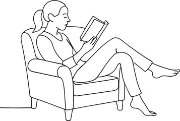 Woman Relaxing on Armchair Reading Book Minimal Line Art