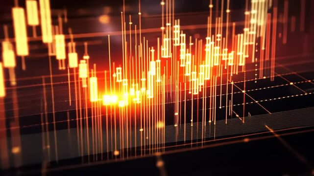 Dynamic Financial Data Visualization: Bright Line Graph on Dark Grid Overlay