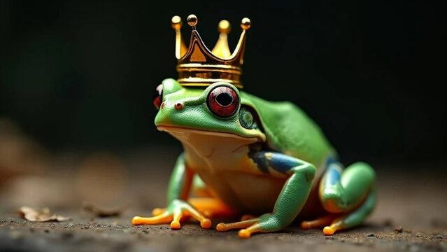 A frog wearing gold crown