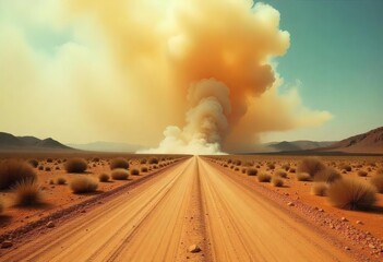 A dirt road leading to a wildfire in a desert landscape with a clear blue sky and a large plume of smoke	