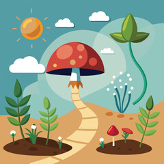 A whimsical autumn cartoon vector illustration of a mushroom umbrella in a rainy forest with colorful leaves