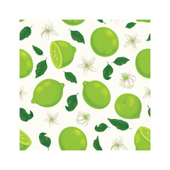 Seamless pattern with whole and sliced limes and lime flowers with leaves lying on a light yellow background, creating a vibrant and refreshing design