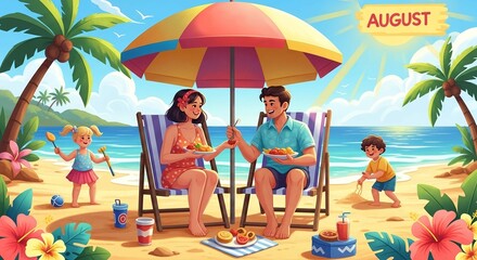Beach Picnic Vibes — Family Enjoying Summer Food Under Umbrella Near Ocean