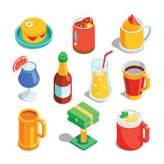 A vibrant vector illustration of a food and drink icon set, featuring breakfast items like juice, milk, jam, and tea, alongside beer and cartoon fruit