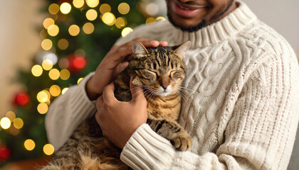 Man petting cat with Christmas lights.