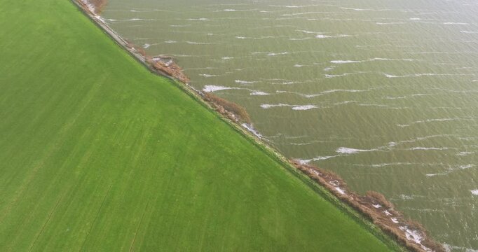 Aerial top view of colourful trees and snow, De Witte Bergen, Asten, Netherlands