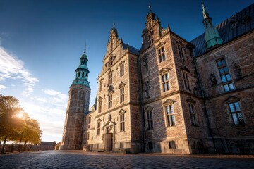 Fototapeta premium Elaborate stone building with tower against blue sky bathed in golden light Cobblestone ground in foreground
