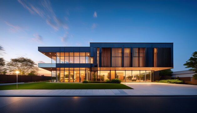 modern suburban office building glows at twilight architectural exterior stock photo