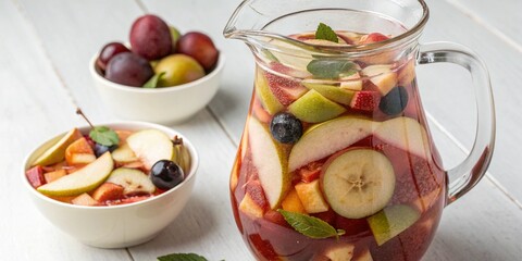 Compote of fresh fruits (apples, pears, plums) in a glass jar with fruit in it.