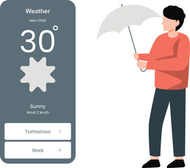 The boy is instructing the use of an umbrella to avoid the sunny weather