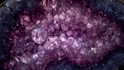 A cluster of amethyst crystals with sharp edges and a dark purple outer layer in a close up view