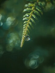 A close up of a fern frond with water droplets clinging to it against a blurred green background outdoors