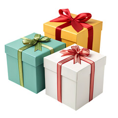 Obraz premium Three Square Gift Boxes with Ribbons Gold Teal and White isolated on transparent baackground