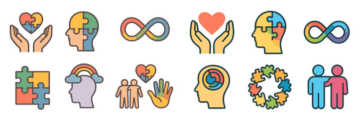 Colorful mental health icons representing support, connection, and community in a modern design
