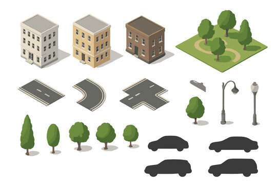Urban landscape design elements featuring buildings, vehicles, trees, and park areas for city planning or game design